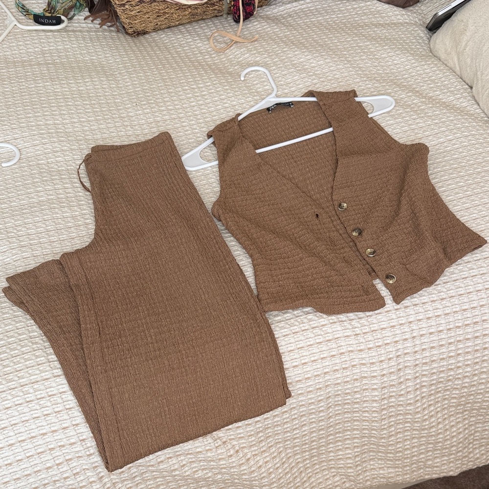 Brown Knit Vest and Pants Set